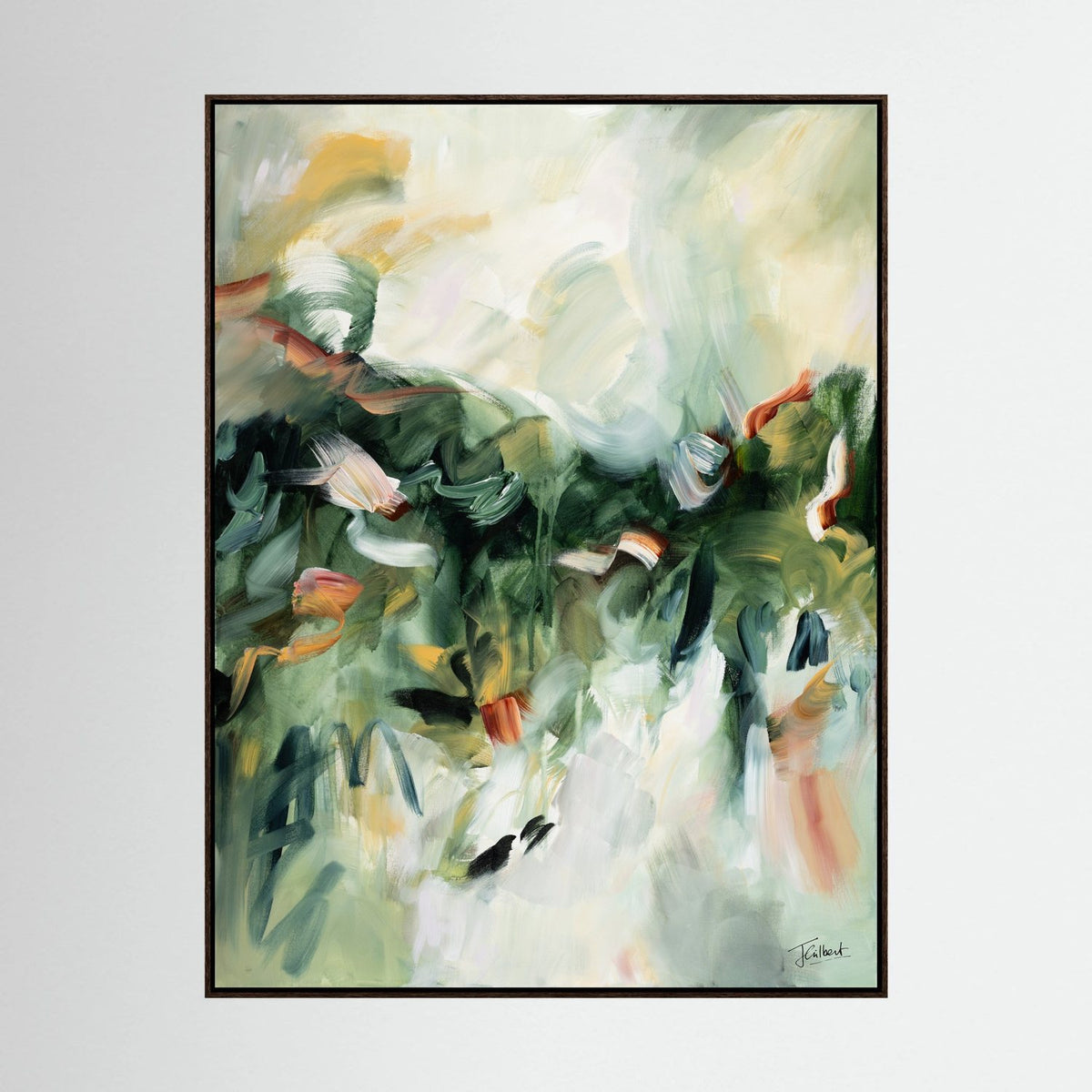 Movement in Green 1 abstract painting in a dark oak frame, a vertical framed canvas print by Joanna Gilbert.