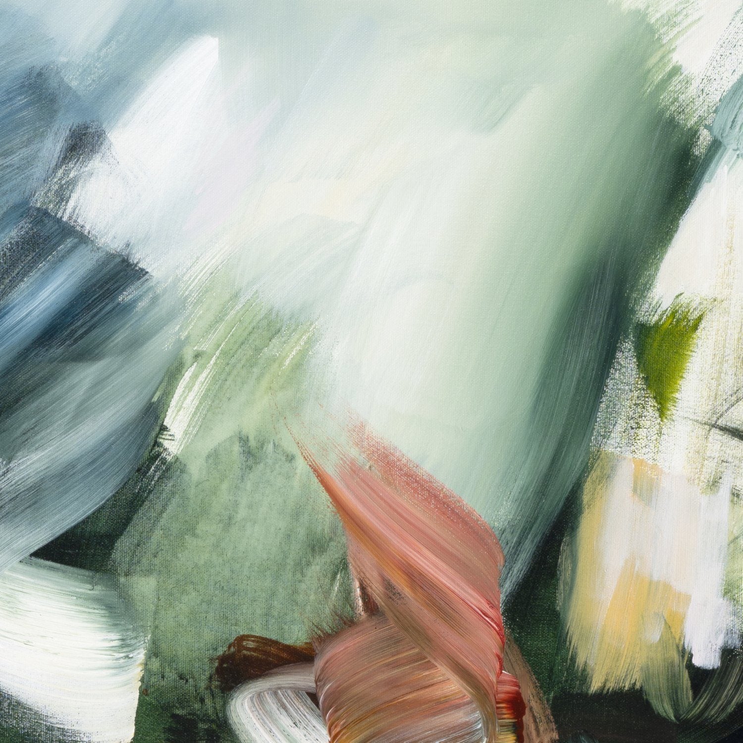 Brushwork and texture detail of Movement in Green 2, an abstract canvas print by Joanna Gilbert.