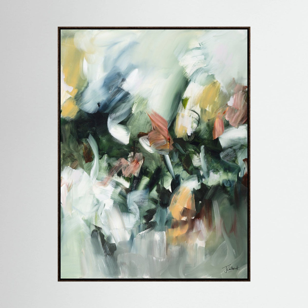 Movement in Green 2 abstract painting in a dark oak frame, a vertical framed canvas print by Joanna Gilbert.