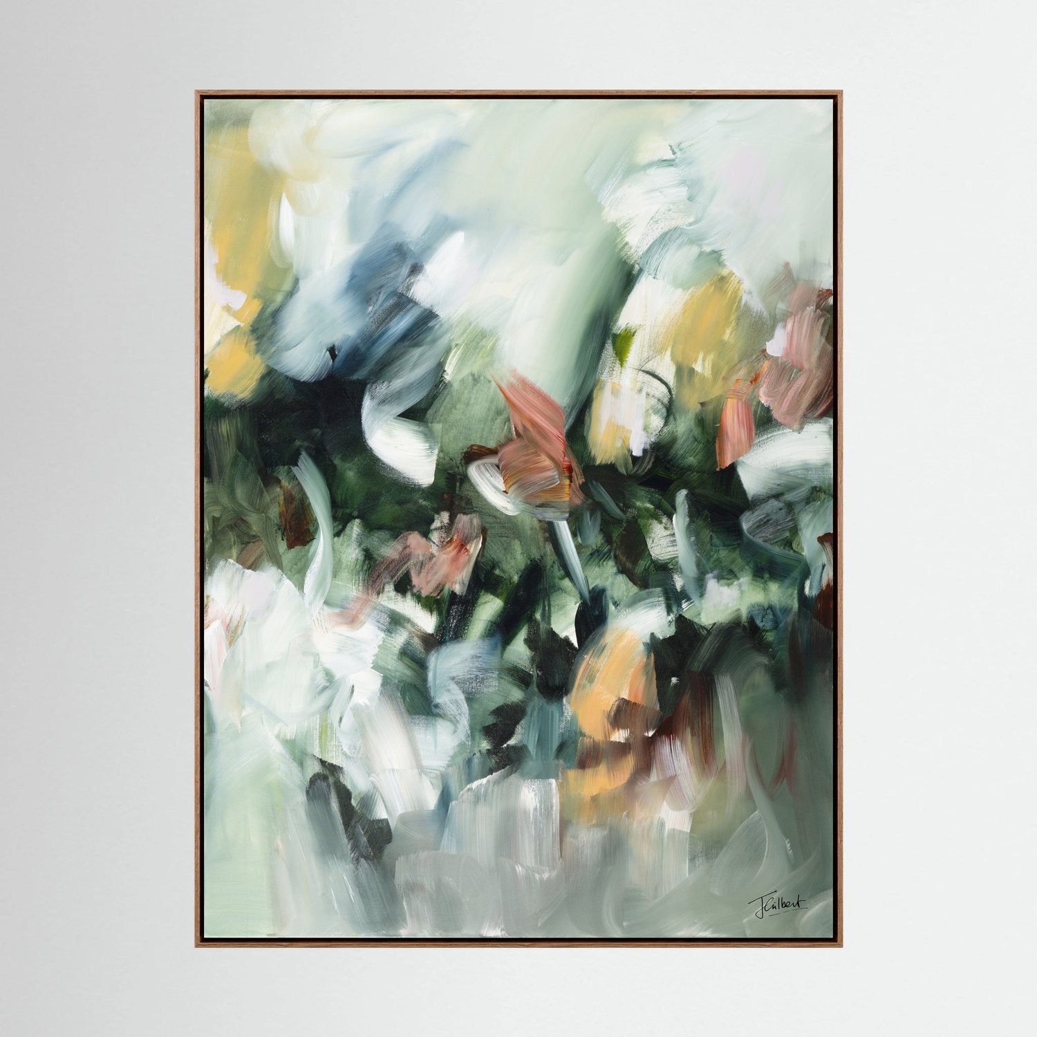 Movement in Green 2 abstract painting in an oak frame, a vertical framed canvas print by Joanna Gilbert.