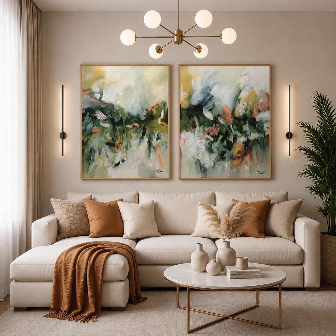 Movement in Green vertical framed canvas print pair by Joanna Gilbert, shown together on a living room wall