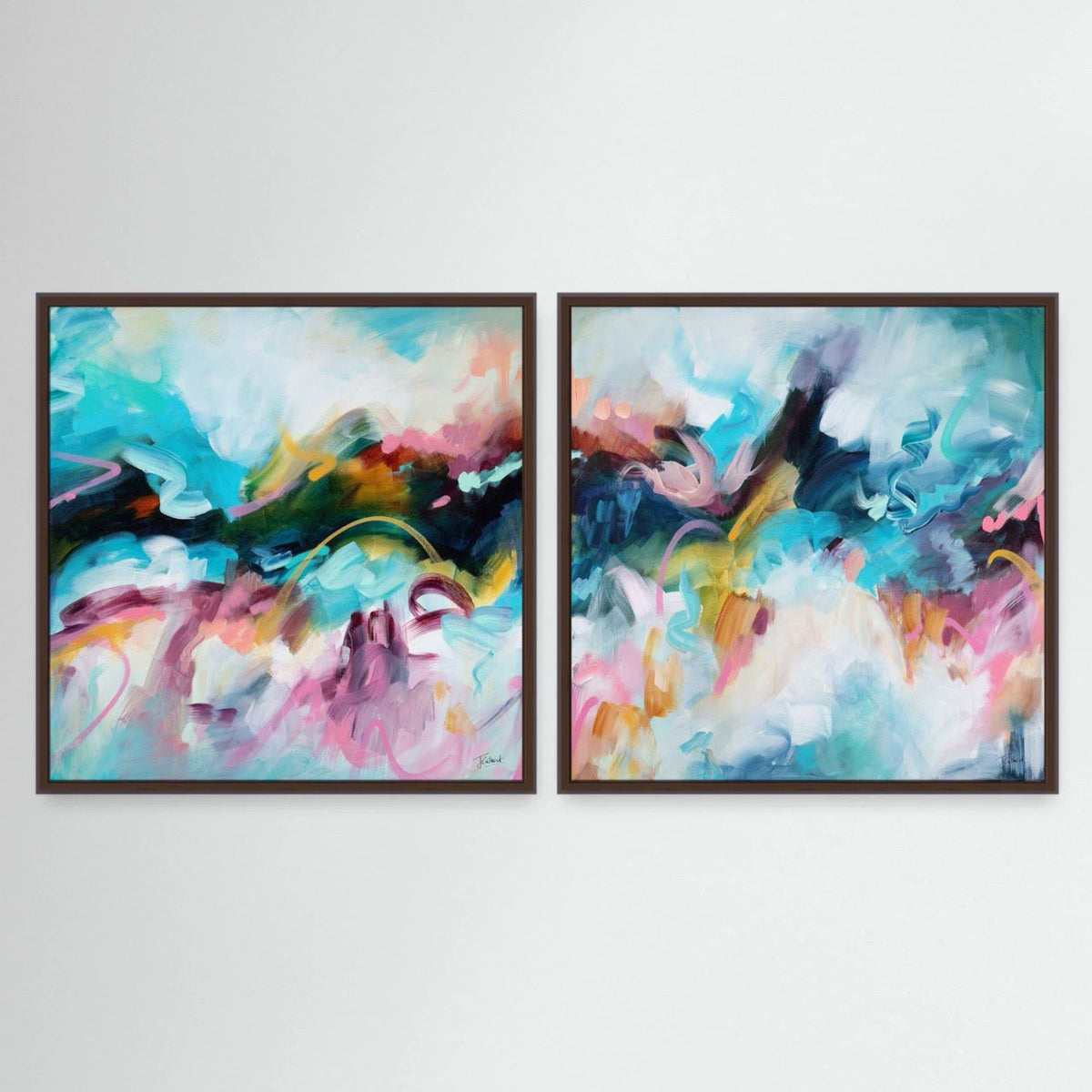 Journey Through Colour pair, two abstract framed canvas prints by Joanna Gilbert in dark oak frames