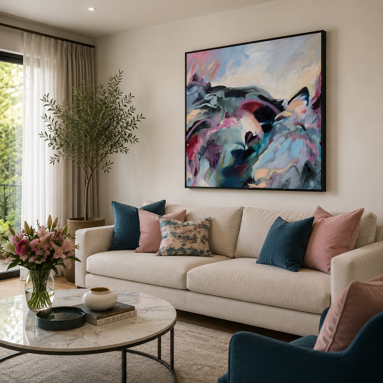 Landscape of the Mind 1 abstract framed canvas print styled above a cream sofa in a modern living room.