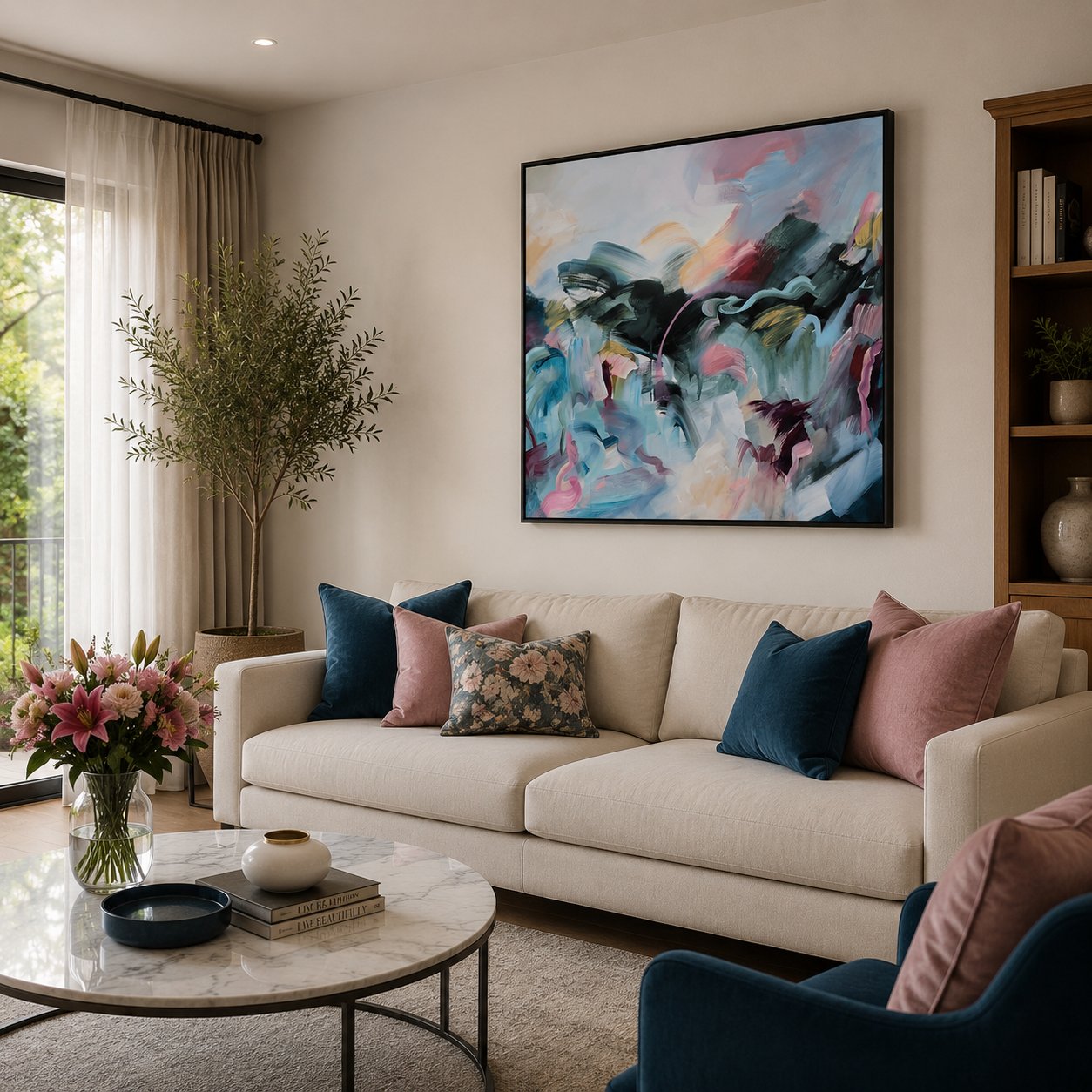 Landscape of the Mind 2 abstract framed canvas print styled above a cream sofa in a modern living room.