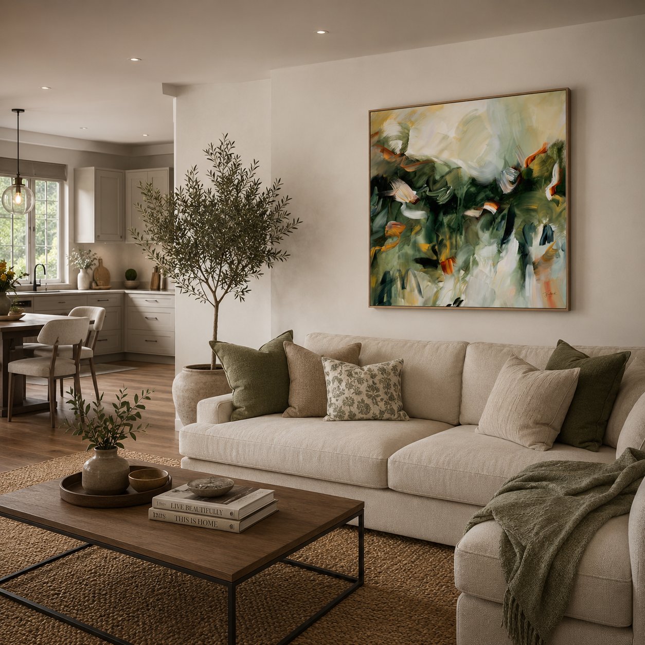 Movement in Green 1 abstract framed canvas print in an oak frame, styled in an open-plan living room.
