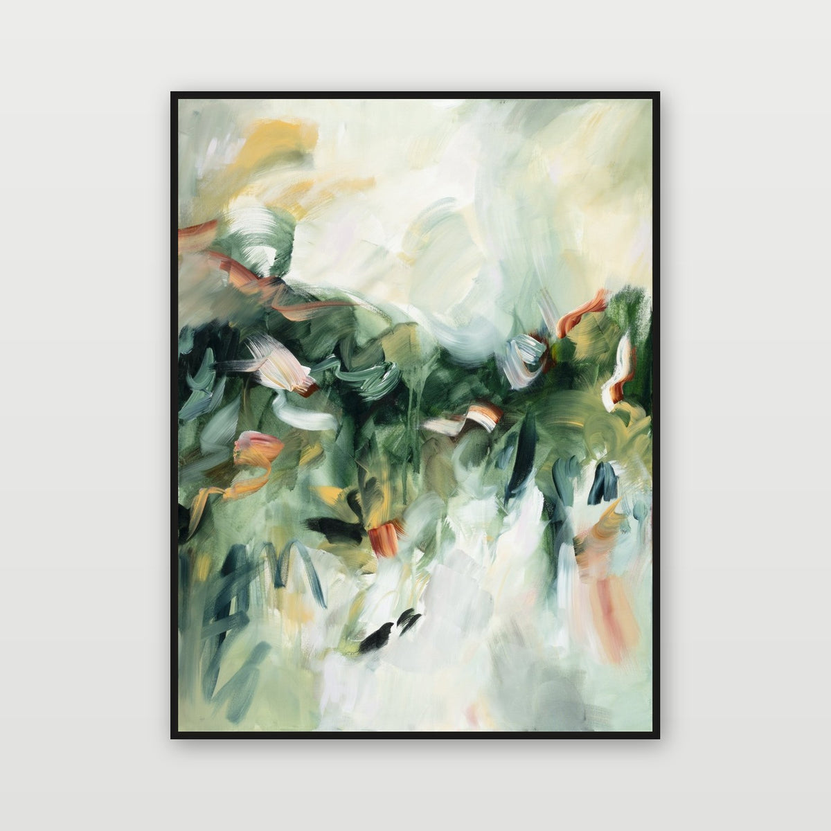 Movement in Green 1 by Joanna Gilbert, shown in a black float frame