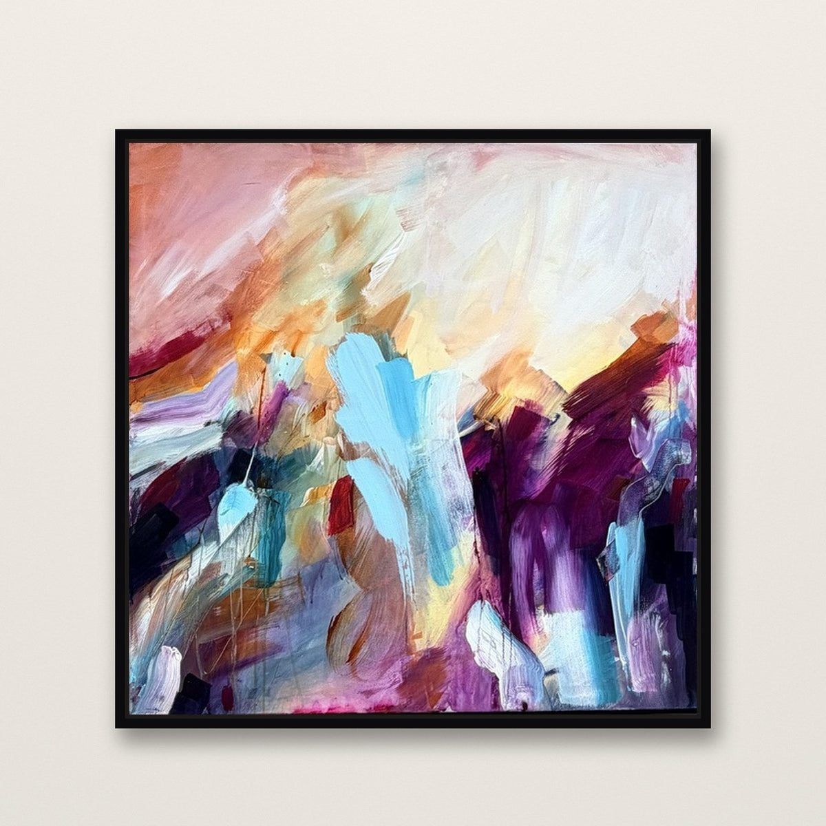 Rise into Colour, original abstract painting by Joanna Gilbert in a black float frame