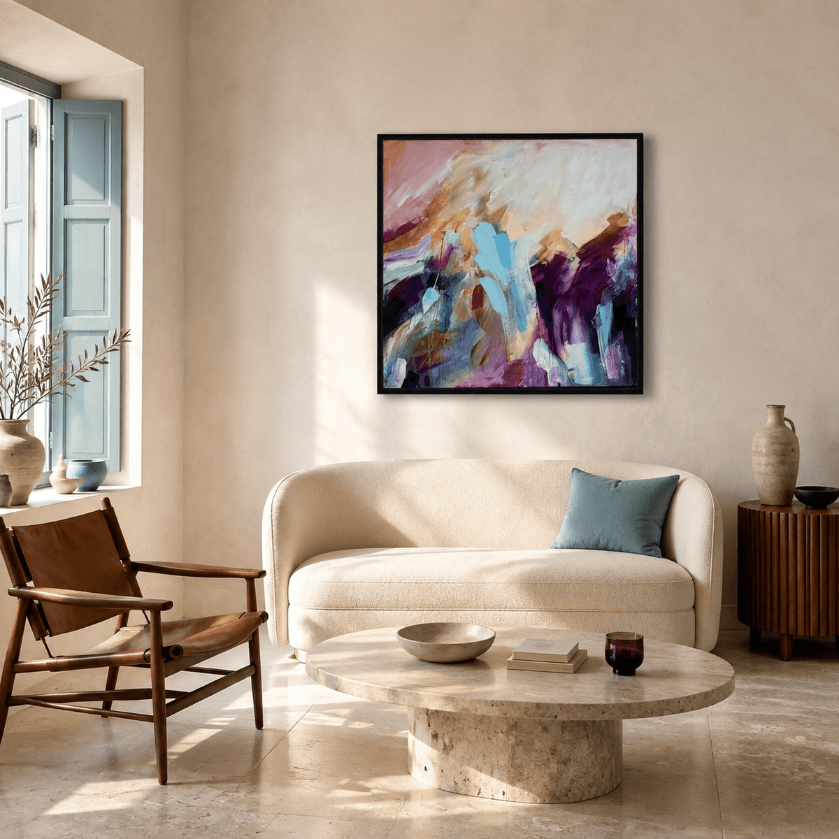 Rise into Colour, original abstract painting by Joanna Gilbert, above a cream sofa in a sunlit living room