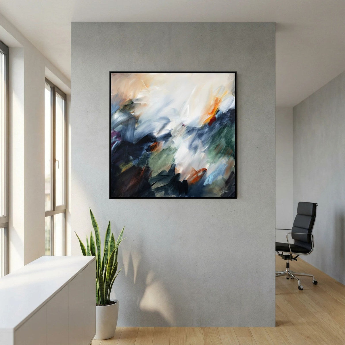 The Turning Point 1 abstract framed canvas print on a concrete wall in a modern office.