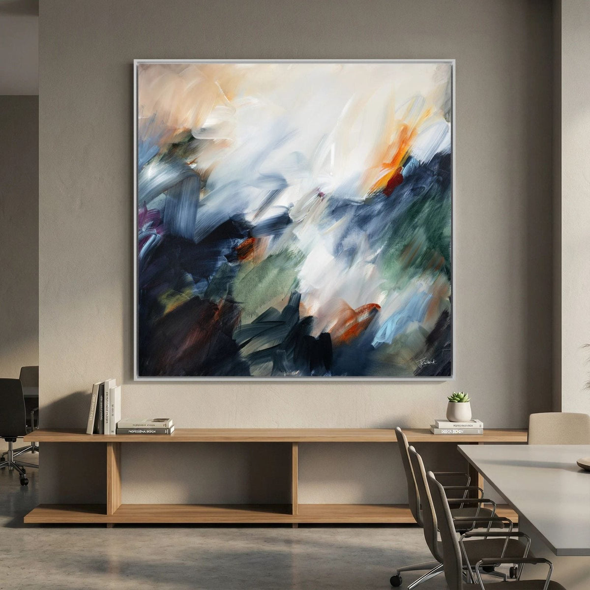 The Turning Point 1 abstract framed canvas print above an oak console in a meeting room.