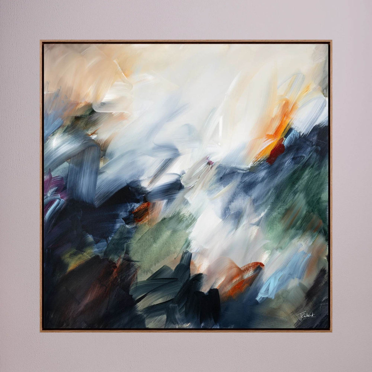 The Turning Point 1 abstract framed canvas print in oak on a soft lilac wall