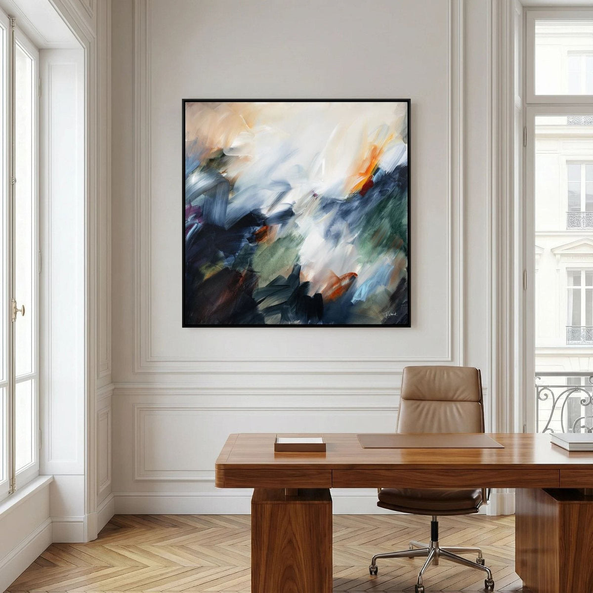 The Turning Point 1 abstract framed canvas print above a walnut desk in a period home office.