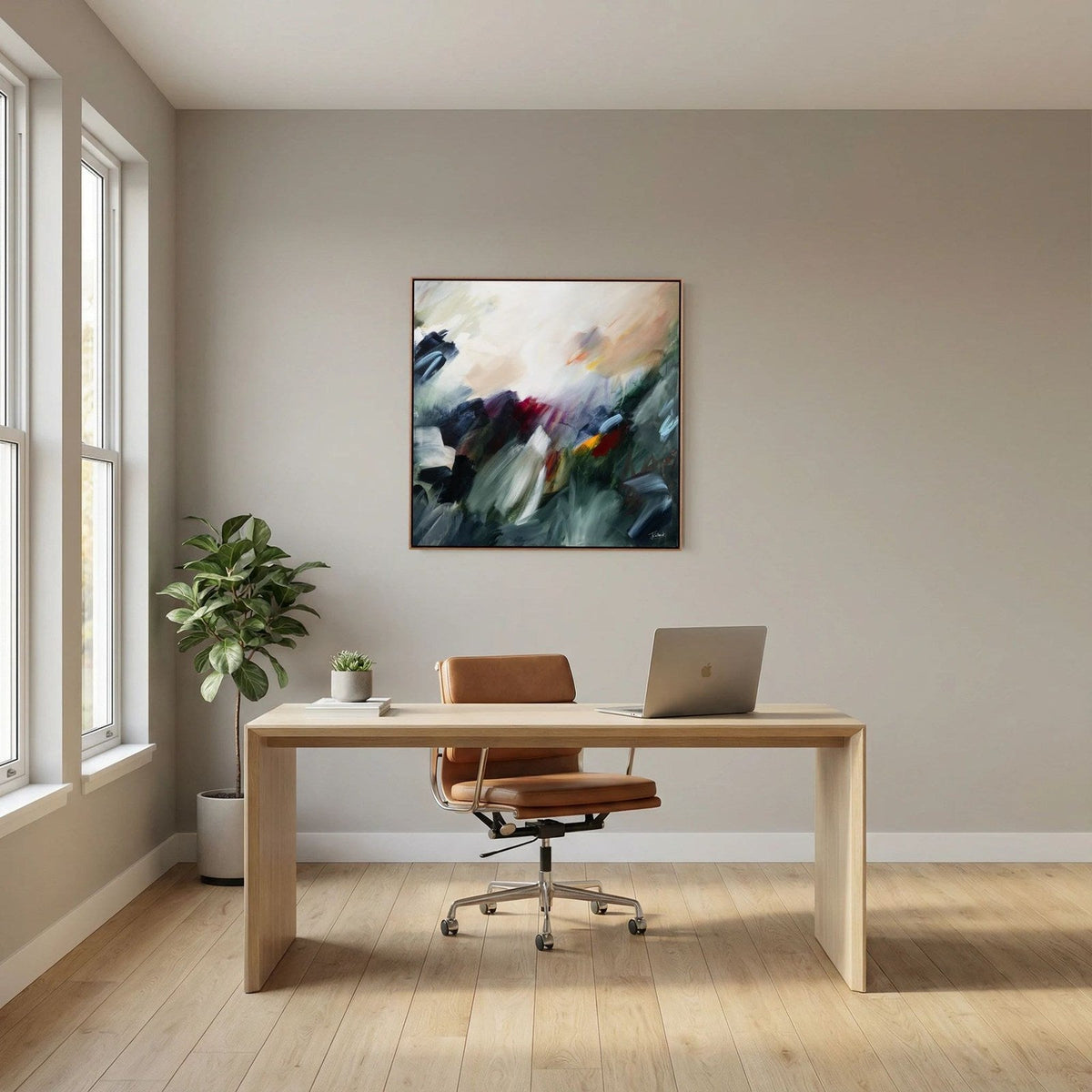 The Turning Point 2 abstract framed canvas print in oak above a pale wood desk in a home office.