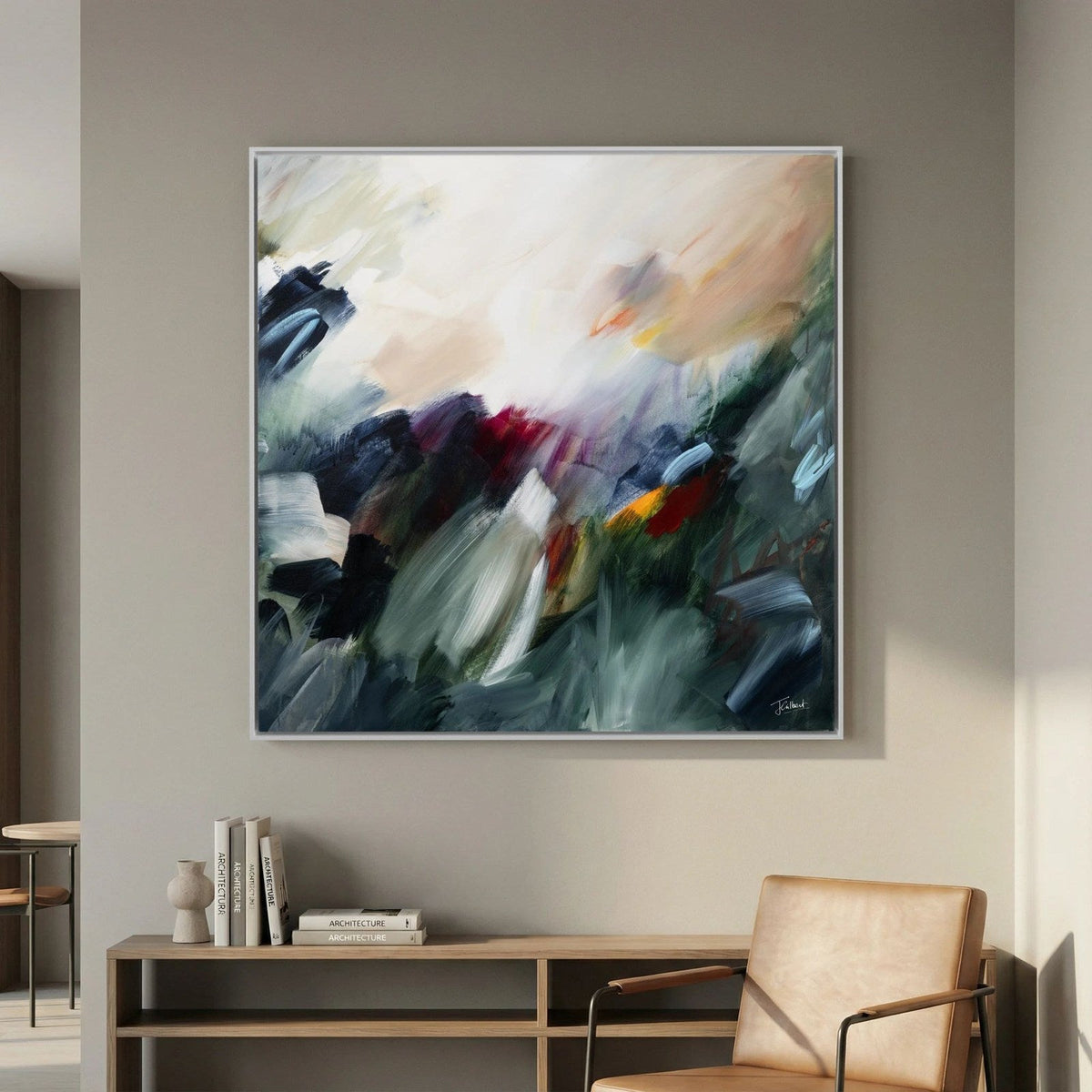 The Turning Point 2 abstract framed canvas print above a console in a calm reading corner.