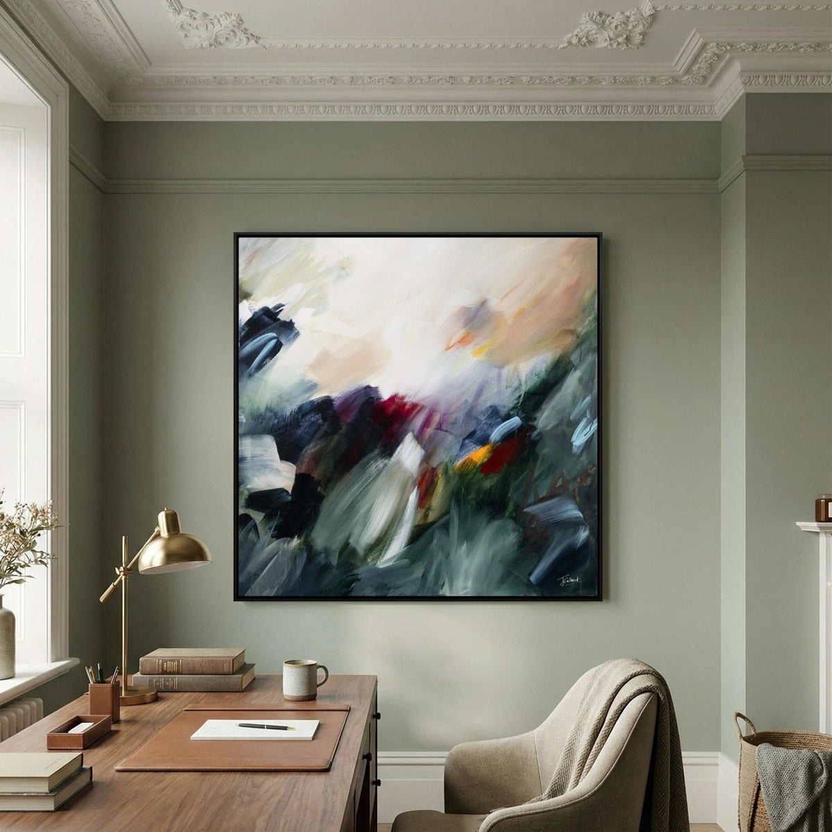 The Turning Point 2 abstract framed canvas print above a desk in a sage green study.