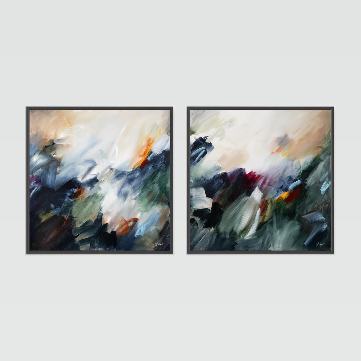 The Turning Point diptych, two abstract canvas prints in black floating frames