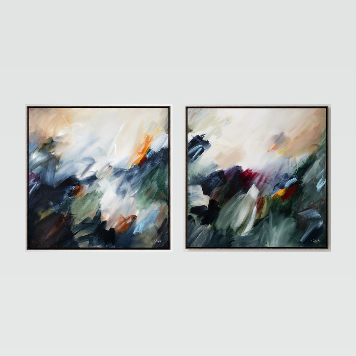 The Turning Point diptych, two abstract canvas prints in dark oak floating frames