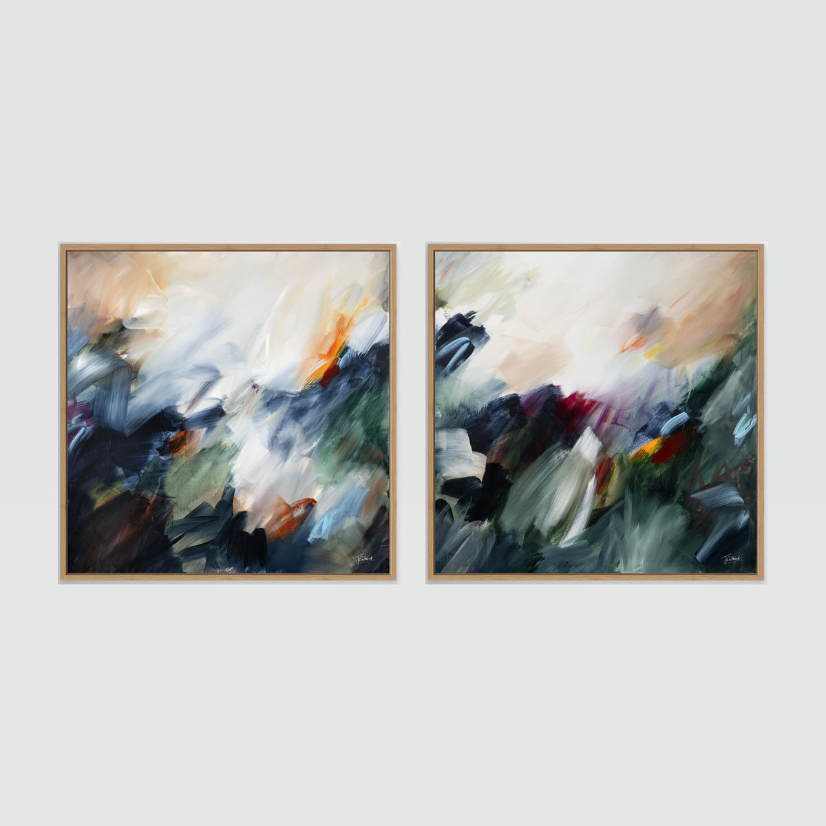The Turning Point diptych, two abstract canvas prints in oak floating frames