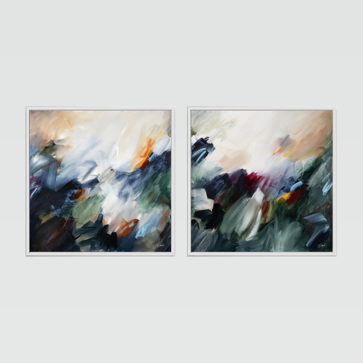 The Turning Point diptych, two abstract canvas prints in white floating frames