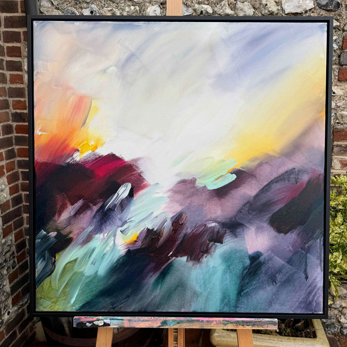 Where the Light Finds You, original abstract painting by Joanna Gilbert in a black float frame