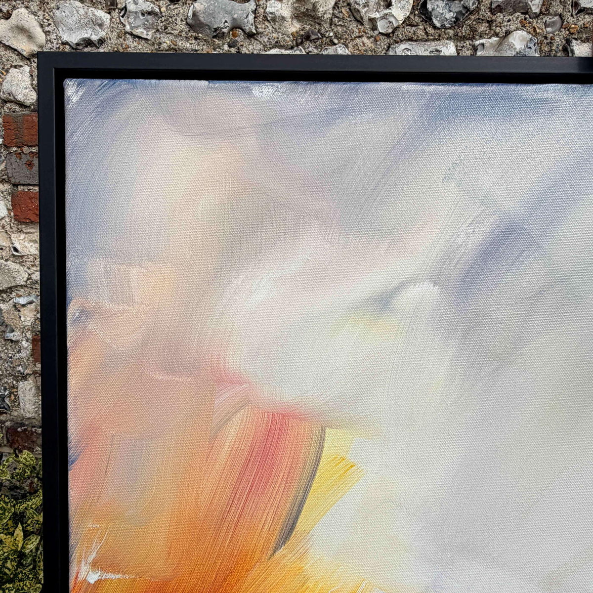 Where the Light Finds You by Joanna Gilbert, corner detail showing the black float frame and canvas