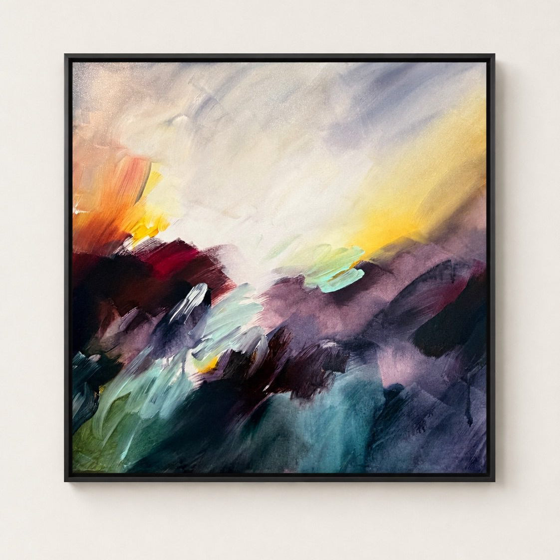 Where the Light Finds You, original abstract painting by Joanna Gilbert in a black float frame