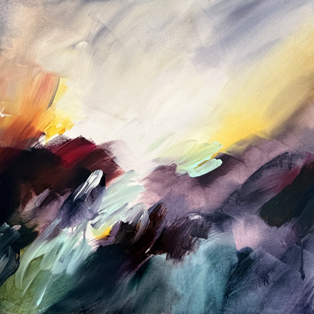 Where the Light Finds You by Joanna Gilbert, unframed original abstract painting in plums and burgundy with breaking gold light