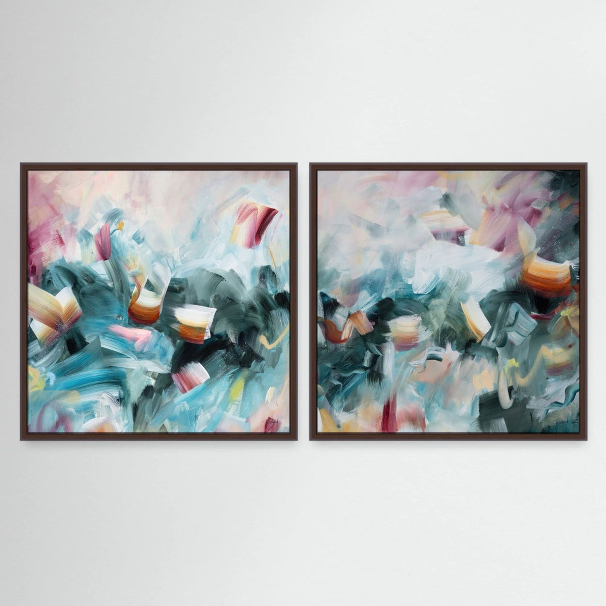 Where the Water Meets the Sky pair, two abstract framed canvas prints by Joanna Gilbert in dark oak frames