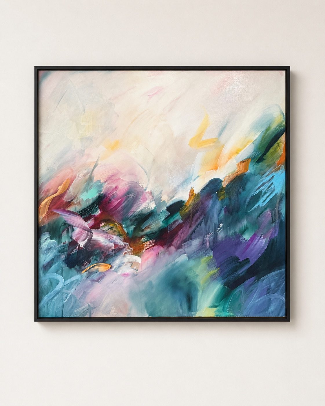 Dreaming in Colour, original abstract painting by Joanna Gilbert in a black float frame